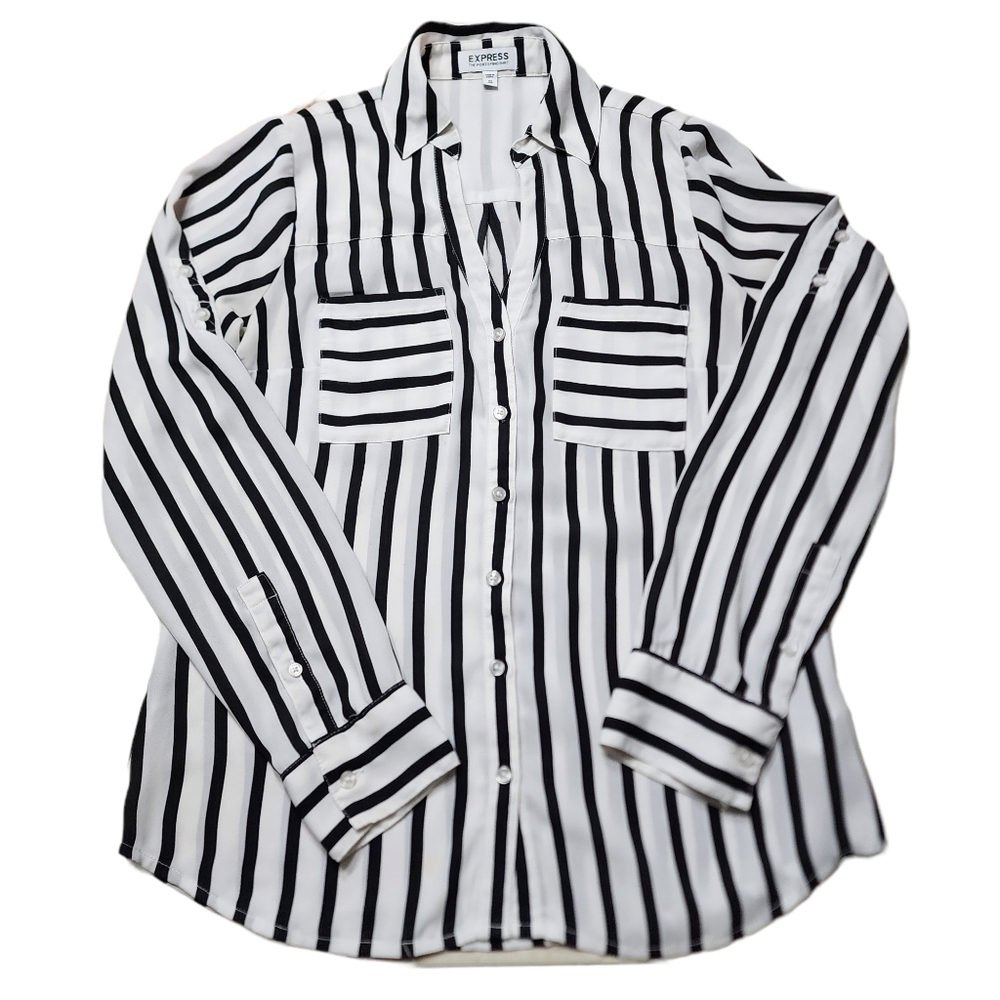 Women's Express V Neck Button Down Striped Blouse Sz XS